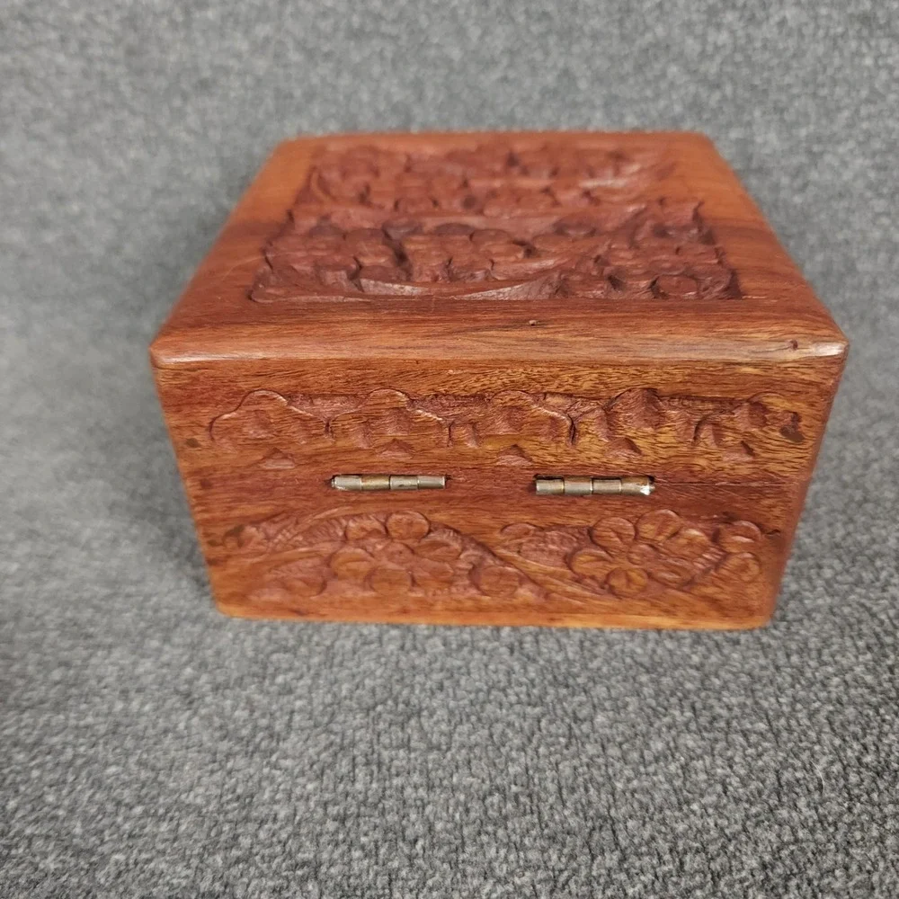 Vintage Wooden Trinket Box Hand Carved Floral Design Hinged Lid Jewelry Keepsake